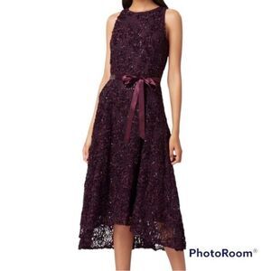 Tahari ASL Purple Floral Embroidered Mesh Midi Dress Size 10